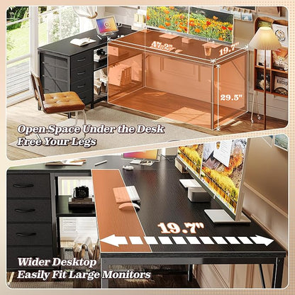 PRAISUN 61" L Shaped Desk with Power Outlets & USB-C Port, Reversible Computer Corner Office Desk with 4 Fabric Drawers and 2 Storage Shelves, Large Desk for Gaming Writing Study, Black