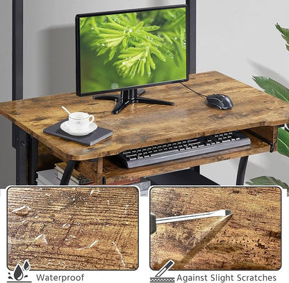 Topeakmart Retro Computer Desk on Wheels Mobile Computer Desk with Printer Shelf and Keyboard Tray, 3 Tiers Home Office Desk with Storage for Small Space, Compact Computer Workstation, Rustic Brown