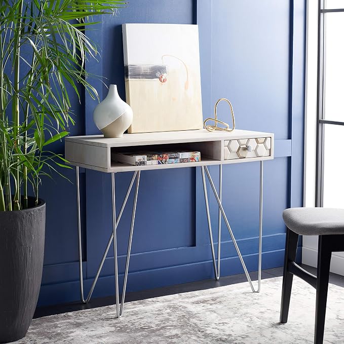 SAFAVIEH Home Office Collection Raveena White Wash and Silver 1-Drawer Hairpin Leg Desk