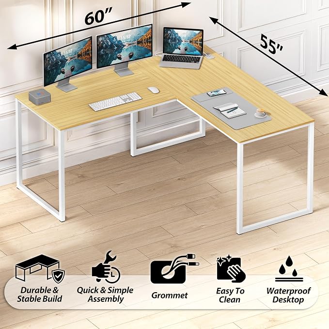 SHW Mission 55 x 60 Inches L-Shape Home Office Computer Desk, Oak