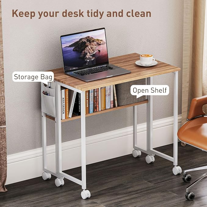 HOMCOM Small Folding Desk, Rolling Computer Desk Foldable with Storage Bag and Shelf, 31.5" Portable Writing Table on Wheels for Small Spaces, Home Office, Study, Easy Assembly, Natural Wood