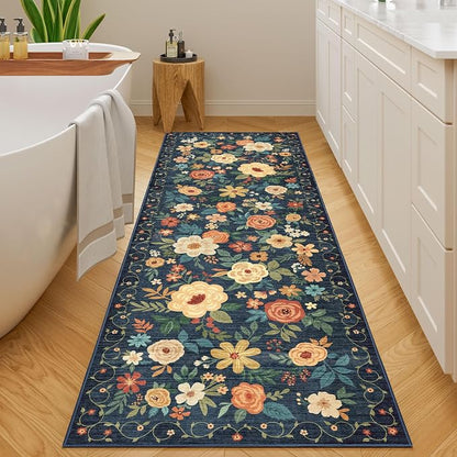 DUKINO 2x6 Runner Rug for Hallway, Washable Kitchen Runner Rug with Non Slip Backing, Low Pile Soft Boho Floral Runner for Kitchen, Hallway, Entryway, Laundry, Bedroom, Dark Blue