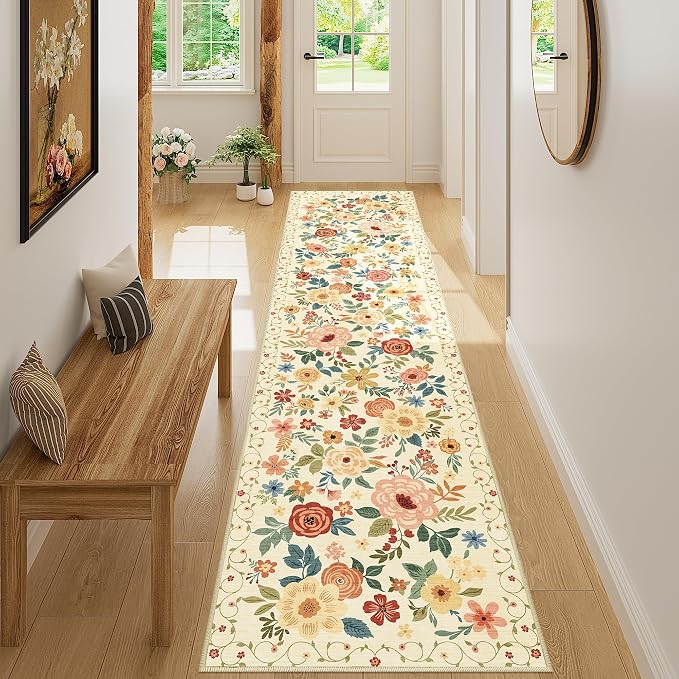 DUKINO 2x8 Runner Rug for Hallway, Washable Kitchen Runner Rug with Rubber Backing Non Slip, Low Pile Soft Boho Floral Thin Carpet for Entryway, Hallway, Bathroom, Laundry Room, Beige Yellow