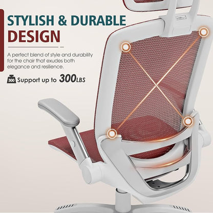 GABRYLLY Ergonomic Office Chair, High Back Home Desk Chair with Headrest, Flip-Up Arms, 90-120° Tilt Lock and Wide Cushion, 300LBS Mesh Chairs for Man Woman, White Task Chair(Red,GY01WR)