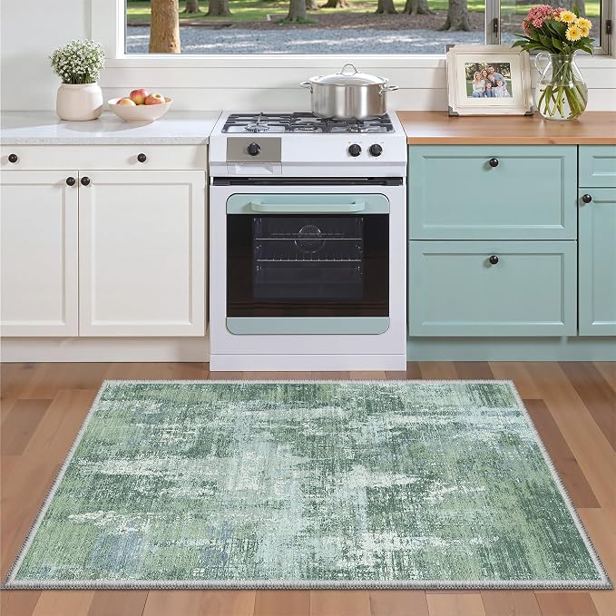 Valenrug Washable Rugs 4x6 - Stain Resistant 4x6 Area Rugs for Living Room, Non Slip Backing Abstract Rugs for Bedroom, Folable Machine Washable Area Rug(4'x6', Sage Green)