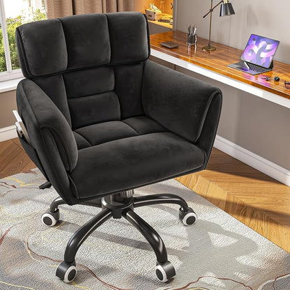 DurayLoly Home Office Chair with Wheels Soft-Touch Material,Modern Cute Vanity Chair with Back Adjustable Height Upholstered Comfy Desk Chairs with Side Pockets for Bedroom,Black