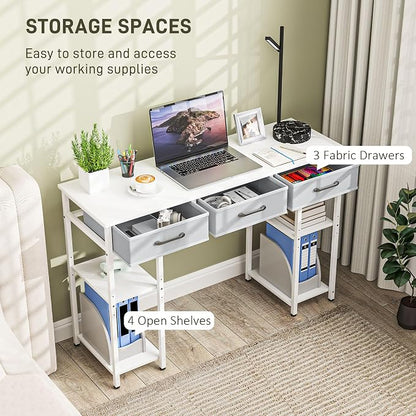 HOMCOM 47" Computer Desk with 3 Fabric Drawers, Home Office Desk with Adjustable Shelves, Small Writing Desk with Storage, White