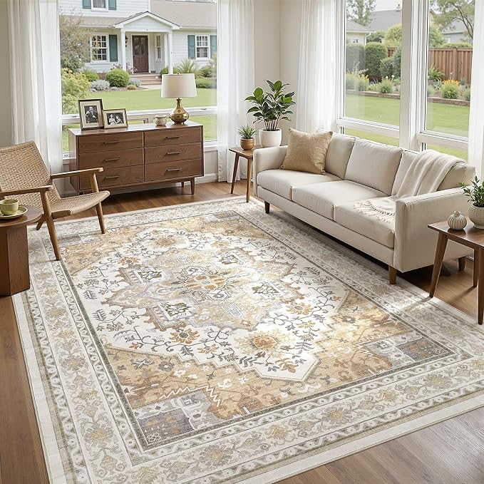 UERMEI 6x9 Area Rug for Living Room - Washable Vintage Carpet, Non-Slip Soft Large Indoor Floor Rugs for Bedroom Home Office & Under Dining Table Decor, Brown Beige