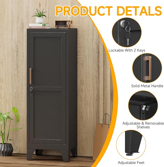 46"H Black Metal Locker with 1 Lockable Door and 2 Adjustable Shelves For Employees, 3 Tier Small Storage Cabinet with Detachable Legs and Vintage Handle for Kitchen,Office,Gym,School,Easy Assembly