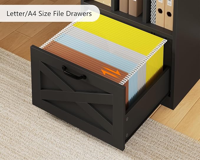 YOMILUVE Farmhouse 63" L Shaped Desk with Drawers and Storage Shelf, Home Office Desk with Power Outlets, Storage Cabinet, Corner Computer Desk with Long Monitor Stand, Brown and Black