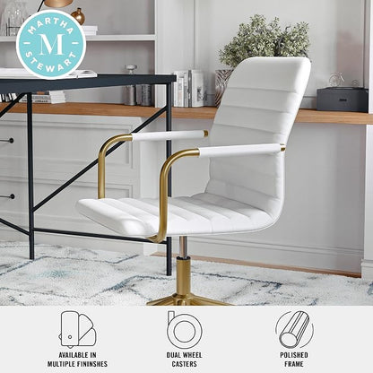 Martha Stewart Taytum Swivel Task Chair with Armrests for Home Office in White Faux Leather with Polished Brass Frame