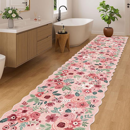 DUKINO Washable 2.6x12 Runner Rug for Hallway, Non Slip Floral Washable Kitchen Rug with Low Pile Design, Boho Stain Resistant Floor Carpet Runner for Entryway, Bathroom, Laundry, Bedroom, Pink