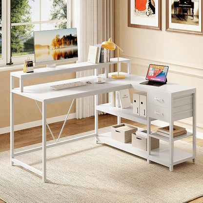 LITTLE TREE 55-Inch L-Shaped Computer Desk, Reversible Computer Desk with Drawers and Storage Shelves, Corner Desk Gaming Desk Work Desk for Home Office, White