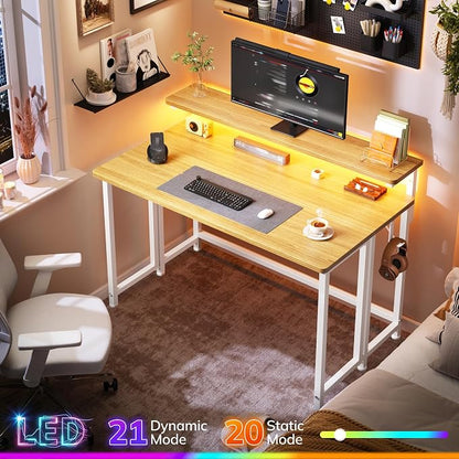 DurayLoly Folding Table with RGB Light for Small Space, 39.4" Folding Computer Desk for Space Saving Sofa Table for Couch, Home Work Office Desk with Monitor Stand, Easy to Fold with Hooks,Oak
