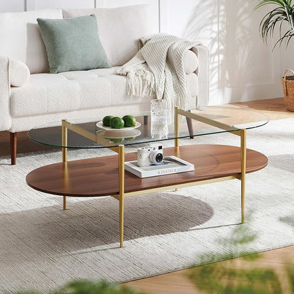 LumFurn X-Large Oval Glass Coffee Table, Mid-Century Modern Design, L47 x W24 x H17 inch, for Living Room, Clear Glass Top and Walnut Finish Wood Shelf, Conical Legs with Gold Finish Frame