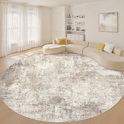 10ft Round Rug Living Room Rugs: 10x10 Washable Circle Large Abstract Modern Soft Stain Resistant Non-Slip Indoor Floor Carpet for Bedroom Nursery Office Dining Room Playroom Home House- Beige Brown