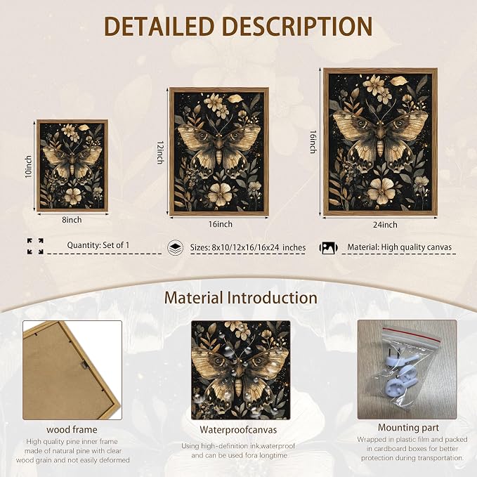 Vintage Moth Canvas Wall Art, Dark Academia Gothic Decor, Insect Botanical Painting, Enchanted Moth Flowers Picture Print, Nature Wall Decor for Living Room Bedroom 12x16 inch Wood Framed