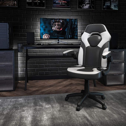 Flash Furniture X10 High-Back LeatherSoft Racing Style Gaming Chair with Flip-Up Arms, Ergonomic Padded Swivel Computer Chair, White/Black
