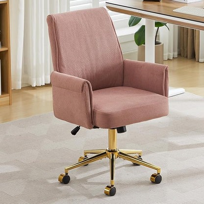 YITAI Stripes Velvet 360°Swivel Desk Chair, Modern Height Adjustable Home Office Armchair with Gold Base and Wheels for Vanity, Comfy Computer Chair for Study Living Room Bedroom（Rose Red）