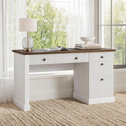 54" Executive Desk with Fluted Wave Board Design, Home Office Computer Desk with 3 Drawers and Storage Cabinet, Built-in USB Ports & Power Outlets, Modern Writing Table for Bedroom Brown & White