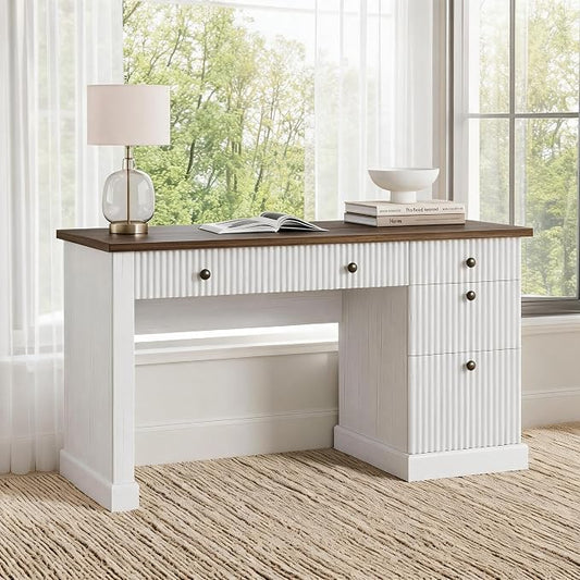 54" Executive Desk with Fluted Wave Board Design, Home Office Computer Desk with 3 Drawers and Storage Cabinet, Built-in USB Ports & Power Outlets, Modern Writing Table for Bedroom Brown & White