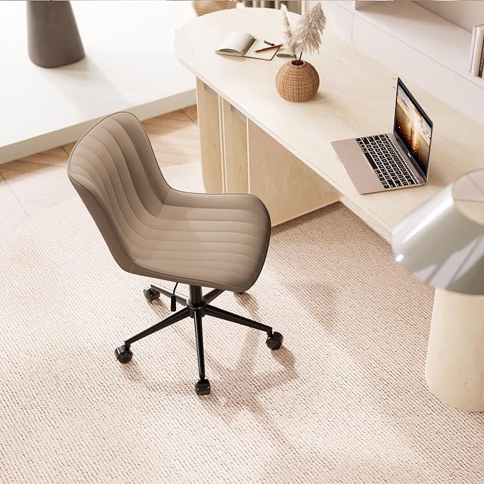 YOUNIKE Khaki Comfy Home Office Desk Chair with Wheels Armless Vanity Chair with Back Ergonomic Modern Leather Upholstered Rolling Task Chair Small Cute Sewing Chair No Arms Wide Swivel Adjustable