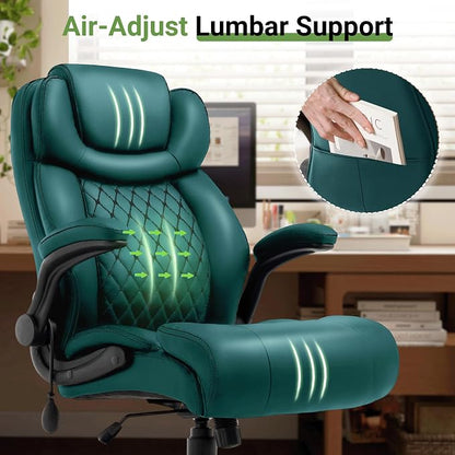 Office Chair, Big and Tall Executive Chairs with Lumbar Support for Back Pain,Breathable Desk Computer Chair with Adjustable Flip-up Armrests,Wide Cushion Swivel Home Office Chair Green PU