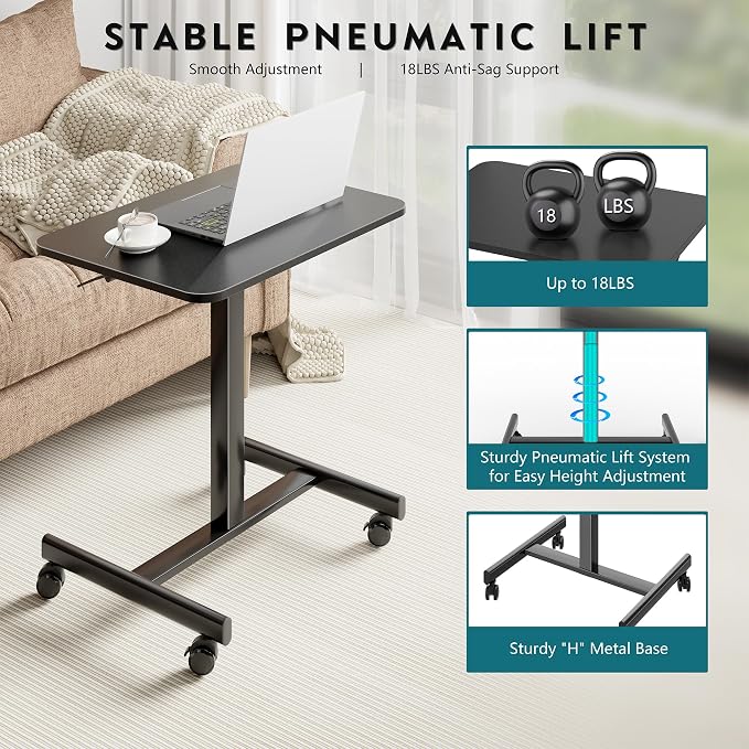 BONTEC Mobile Standing Desk Adjustable Height, Rolling Laptop Cart with Hook, Portable Workstation with Pneumatic Lift, Ergonomic Table with Wheels, Compact Home Office Desk, Black, 25.6" x 18.9"