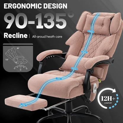 Massage Office Chair with Foot Rest,6 Points Vibration & Heat Executive Office Chairs,Ergonomic Fabric Desk Chair for Heavy People,Big and Tall Office Chair 500LBS,Recliner with Dual-Use Pillow,Pink