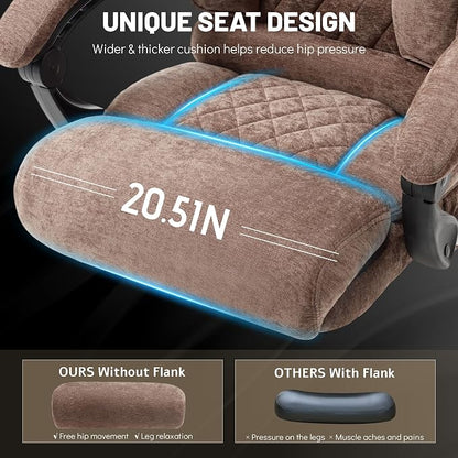 Massage Office Chair with Foot Rest,6 Points Vibration & Heat Executive Office Chairs,Ergonomic Fabric Desk Chair for Heavy People,Big and Tall Office Chair 500LBS,Recliner with Dual-Use Pillow,Brown