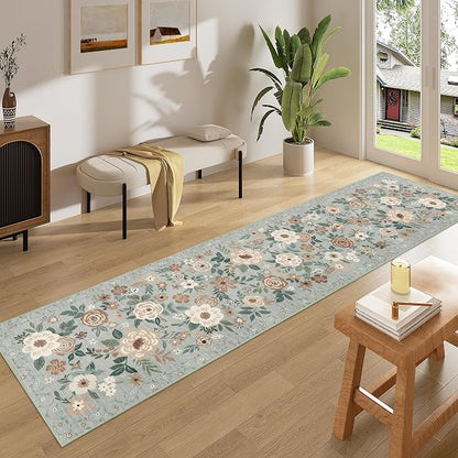 DUKINO Runner Rug, 2x10 Kitchen Runner Rug for Hallway with Non Slip Backing, Washable Low Pile Soft Boho Floral Carpet for Kitchen, Entryway, Hallway, Laundry, Bedroom, Sage Green