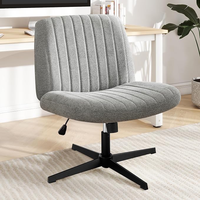 DUMOS Criss Cross Chair No Wheels Legged Office Wide Comfy Desk Vanity Chair, Armless Computer Task Seating, Swivel Home Height Adjustable for Bedroom, Study, Grey Fabric