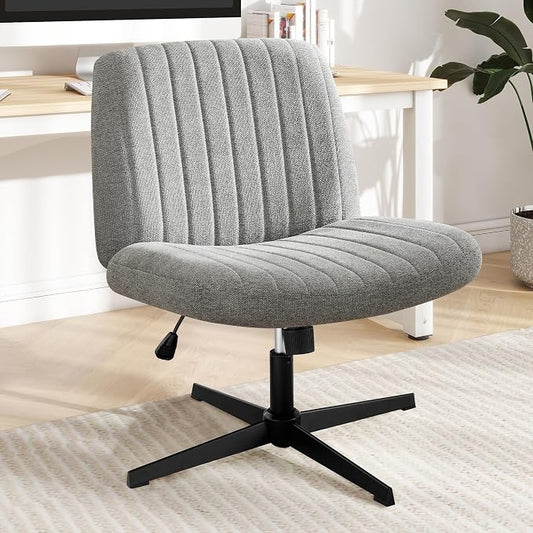 DUMOS Criss Cross Chair No Wheels Legged Office Wide Comfy Desk Vanity Chair, Armless Computer Task Seating, Swivel Home Height Adjustable for Bedroom, Study, Grey Fabric