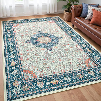 Goideal Washable Rug 4x6, Vintage Area Rugs Non Slip, Indoor Low Pile Carpet with Rubber Backing for Living Room Kitchen Bathroom Entryway Office Bedroom,Cream & Navy