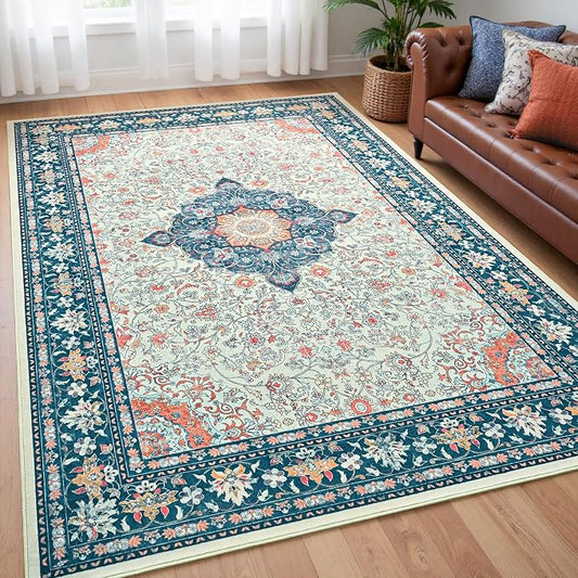 Goideal Washable Rug 4x6, Vintage Area Rugs Non Slip, Indoor Low Pile Carpet with Rubber Backing for Living Room Kitchen Bathroom Entryway Office Bedroom,Cream & Navy