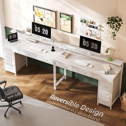 Huuger Gaming Desk with 6 Drawers, Computer Desk with LED Lights Power Outlets and Type-C, 39 Inch Office Desk with Storage, Monitor Stand, Writing Work Desk Home Office, Bedroom, White