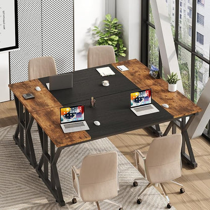 TVU Computer Desk, 55 inch Large Office Desk, Study Writing Table with Thicken Frame, Gaming Desk, Modern Simple Desk for Home Office, Rustic Brown/Black