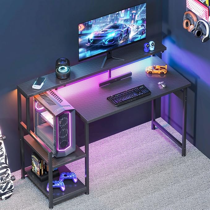 AODK 48 Inch Gaming Desk with LED Lights, Computer Desk with Storage Shelves, Reversible Desk with Monitor Stand, Carbon Fiber Black