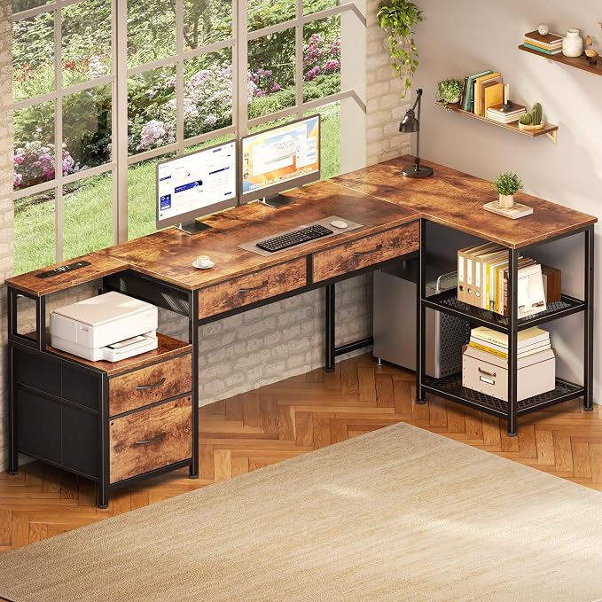 Korfile 65 Inch L Shaped Computer Desk with Power Outlets, Reversible Home Office Desk with 4 Fabric Drawers & 2 Adjustable Mesh Shelves, Corner Study Work Desk with Larger Storage, Rustic Brown