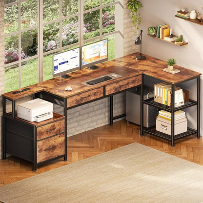 Korfile 65 Inch L Shaped Computer Desk with Power Outlets, Reversible Home Office Desk with 4 Fabric Drawers & 2 Adjustable Mesh Shelves, Corner Study Work Desk with Larger Storage, Rustic Brown