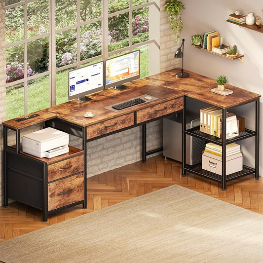 Korfile 65 Inch L Shaped Computer Desk with Power Outlets, Reversible Home Office Desk with 4 Fabric Drawers & 2 Adjustable Mesh Shelves, Corner Study Work Desk with Larger Storage, Rustic Brown