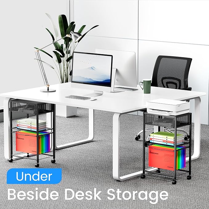 Cawukege 3 Tier Printer Stand, Mobile Table with Wheels, Printer Shelf Rolling Cart with Storage Desk Organizer Hanging File for Office Home, Black