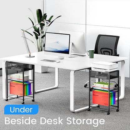 Cawukege 3 Tier Printer Stand, Mobile Table with Wheels, Printer Shelf Rolling Cart with Storage Desk Organizer Hanging File for Office Home, Black