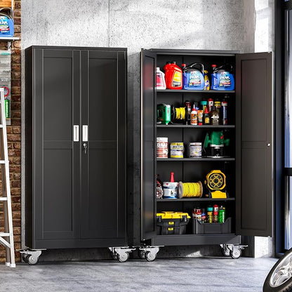 Metal Garage Storage Cabinet with Wheels, 74.8" H x 31.5" W x 15.7" D, Lockable Rolling Steel Tool Cabinet with Adjustable Shelves, Heavy Duty Garage Cabinet for Workshop, Basement, Home, Black
