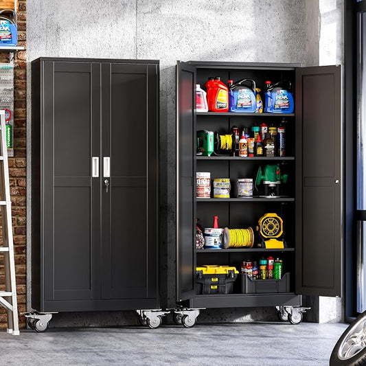Metal Garage Storage Cabinet with Wheels, 70.9" H x 29.9" W x 15" D, Lockable Rolling Steel Tool Cabinet with Adjustable Shelves, Heavy Duty Garage Cabinet for Workshop, Basement, Home, Black
