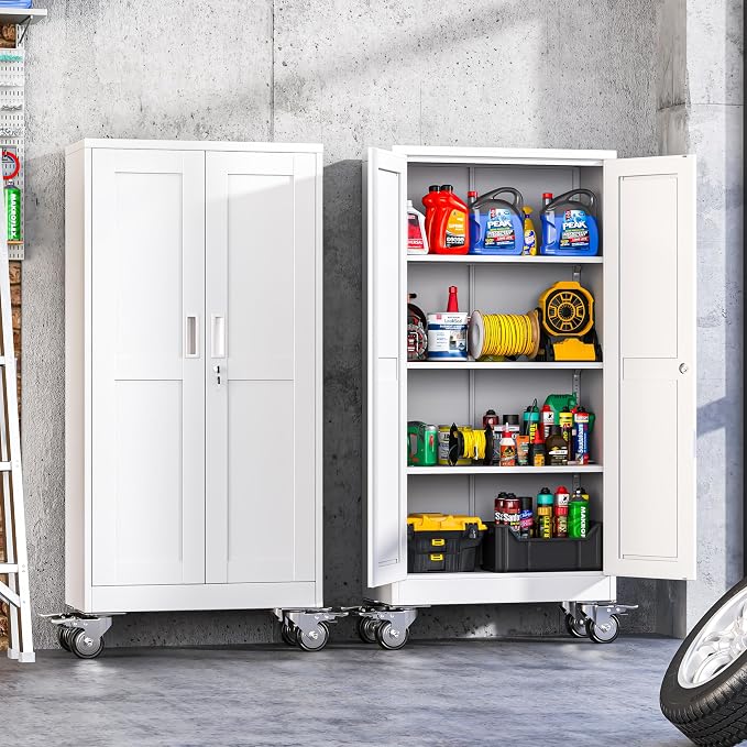 Metal Garage Storage Cabinet with Wheels, Rolling Storage Cabinet with Lock, Steel Cabinets with 2 Doors and 3 Adjustable Shelves for Garage, Home,Office, White