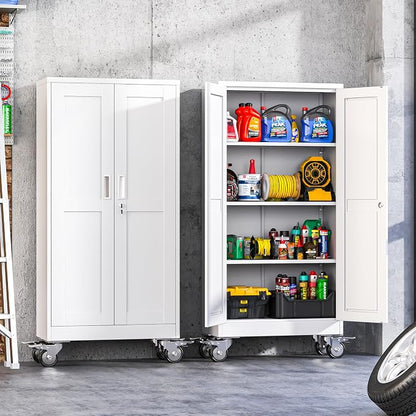 Metal Garage Storage Cabinet with Wheels, Rolling Storage Cabinet with Lock, Steel Cabinets with 2 Doors and 3 Adjustable Shelves for Garage, Home,Office, White