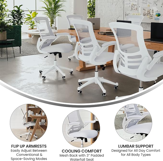 Flash Furniture Kelista Mid-Back Swivel Office Chair with Adjustable Lumbar Support and Seat Height, Ergonomic Mesh Desk Chair with Flip-Up Armrests, White