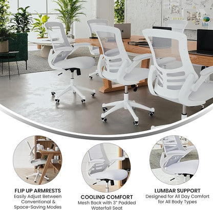 Flash Furniture Kelista Mid-Back Swivel Office Chair with Adjustable Lumbar Support and Seat Height, Ergonomic Mesh Desk Chair with Flip-Up Armrests, White