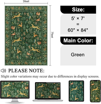 DUKINO 5x7 Rug, Washable Animal Living Room Rug with Non Slip Vintage Design, Soft Low Pile Large Carpet for Bedroom, Nursery, Dining Room, Farmhouse, Playroom, Green